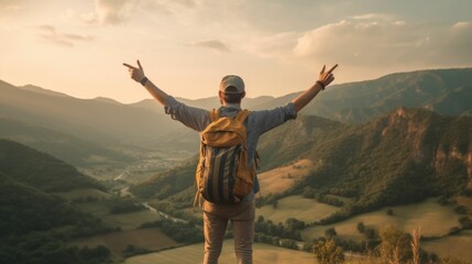 Joy of Traveling: Happy Tourist Raising Arm with Backpack