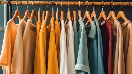 Row of different female clothes hanging on rack