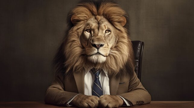 Majestic lion in a suit and tie posing for a business picture