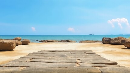Fototapeta na wymiar Rock Stone Stage in Nature with Sand Beach Seashore Land