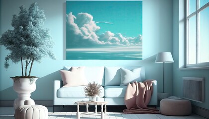 Summer room by the coast Blue and white cool and refreshing Quiet morning, sea and clouds create a beautiful scene of tranquility, Abstract, Elegant and Modern AI-generated illustration