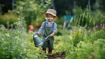 Naklejka na ściany i meble Adorable toddler boy with watering can in garden