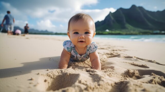 Baby crawling on Waimanalo beach sand