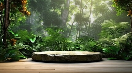 Stone platform in tropical forest for product presentation
