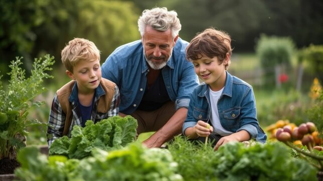 Father and sons gardening in vegetable garden