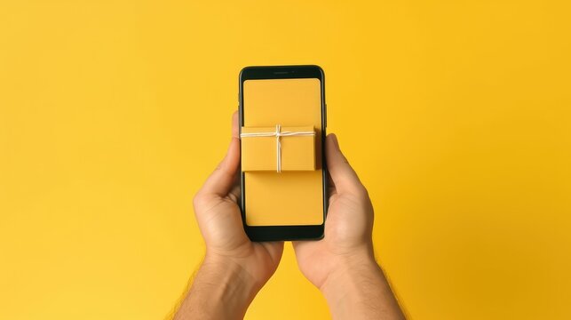 Male hands holding parcel from modern smartphone