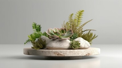 Cosmetic display stand on stone podium with leaves