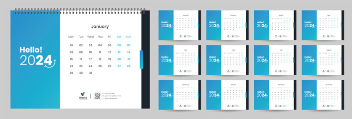 Desk Calendar 2024 template design, Office Calendar 2024