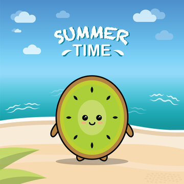 Cute Kawaii Kiwi On A Beach. Summer Time EPS Vector