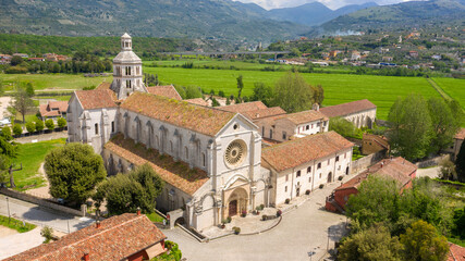 Aerial view of Fossanova Abbey located in Priverno, in the province of Latina, Italy. The church is...
