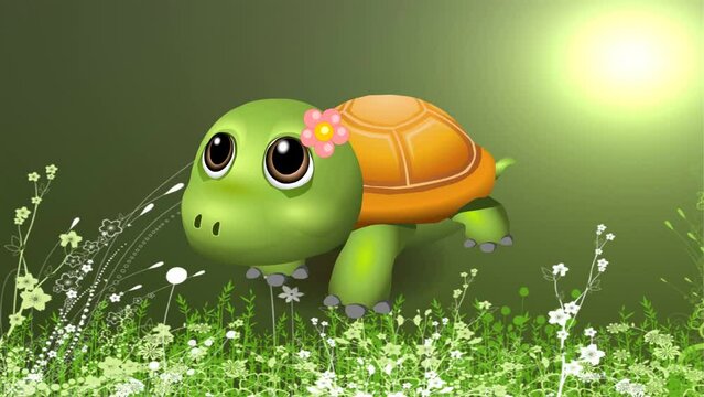 3d animation of cute baby turtle walking adorable , 2d animated background