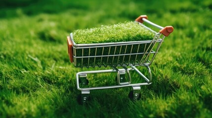 Top view of a shopping cart on green grass moss