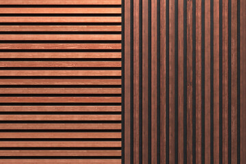 A wall of wooden slats in the color of natural light wood and dark wood with a pattern of wall...