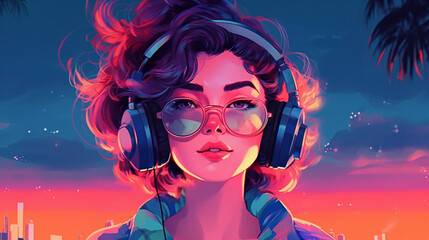 A teenage girl is using headphones. In a relaxed and happy mood enjoying the music. 2D falt cartoon style close-up illustration from head to shoulder level.