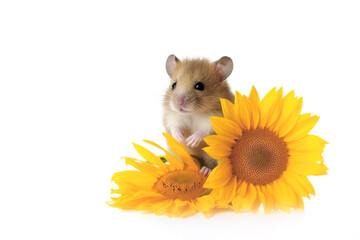 Cute little mouse between blooming sunflowers. White background with space for text. Generative AI