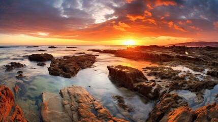 Fototapeta na wymiar Beautiful sunrise on rocky shore with dramatic sky and clouds