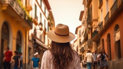 Fototapeta na wymiar Woman in hat exploring old town while traveling