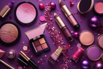 A variety of makeup products on a purple background. Generative AI image.