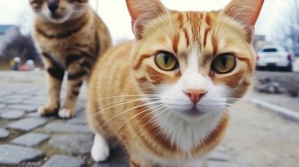 Portrait of two curious cats looking at the camera