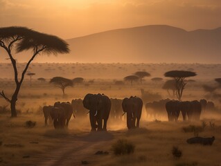 Fototapeta na wymiar A Family of Elephants Crossing the Serengeti