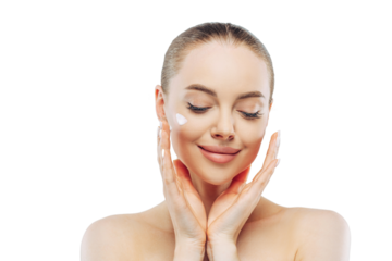 Close-up of woman applying moisturizing cream for soft skin, isolated on white background. Beauty, cosmetology concept