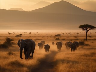 A Family of Elephants Crossing the Serengeti - obrazy, fototapety, plakaty
