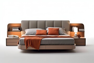 Bed, Contemporary platform bed on white background (Ai generated)