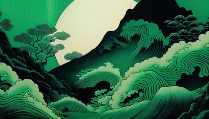Traditional Japanese Ukiyoe Green Drifting in the wavy sea, the fantastical pantograph-like oshie-like landscape captivates people. Abstract Elegant and Modern AI-generated illustrations