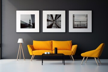 minimal design apartment, a wall with two or three picture frames, a modern living room, colorful furniture
