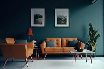 Fototapeta premium minimal design apartment, a wall with two or three picture frames, a modern living room, colorful furniture