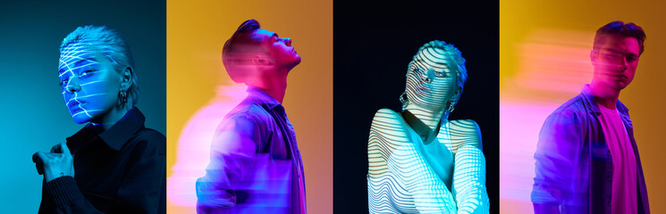 Collage. Portrait of young handsome guy and beautiful girl with holographic neon filter light...