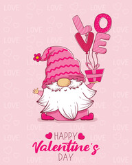 Valentine's day greeting card with cute cartoon gnome.