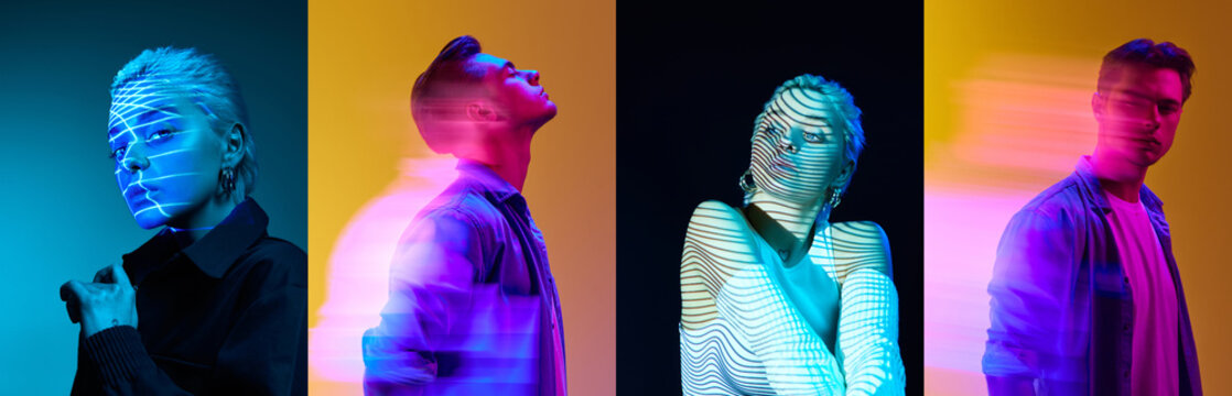 Collage. Portrait of young handsome guy and beautiful girl with holographic neon filter light reflection on body over multicolored background. Concept of art, modern style, futurism and creativity - Powered by Adobe