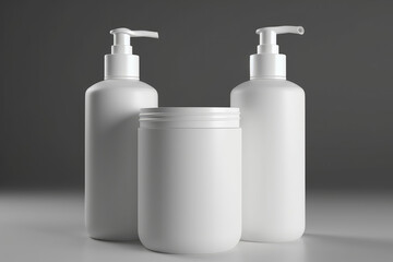 Mockup cosmetic bottles on grey studio background. Template for your design, space for packaging branding. Mockup of shower gel, shampoo, liquid soap. Generative AI professional photo imitation.