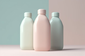 Mockup three big bottles for a cosmetic in pastel colors. Template for your design, space for packaging branding. Mockup shower gel, shampoo, liquid soap. Generative AI professional photo imitation.