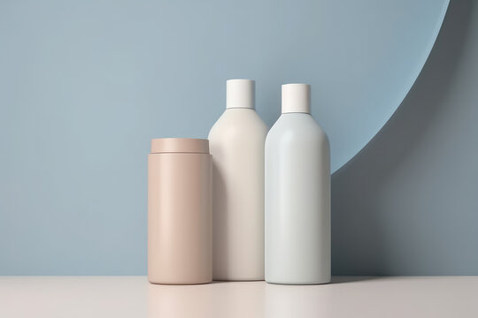 Mockup of bottles for a cosmetic in pastel light colors. Template for your design, space for packaging branding. Mockup of shower gel, shampoo, liquid soap. Generative AI professional photo imitation.