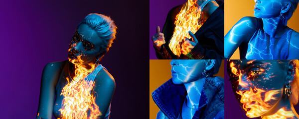 Collage. Surrealism. Young girl with digital burning fire and lightning filter on body over purple...