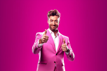 Smiling young man dressed in a flashy but elegant vivid pink suit having thumbs up - ai generative - obrazy, fototapety, plakaty