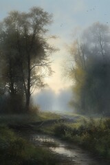 Obraz na płótnie Canvas Oil painting landscape, muted colors With Generative AI technology