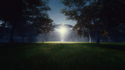 Man being abducted by UFO - Alien abduction concept. 3d rendering