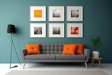 minimal design apartment, a wall with 4-5-6 and more picture frames, a modern living room, colorful furniture