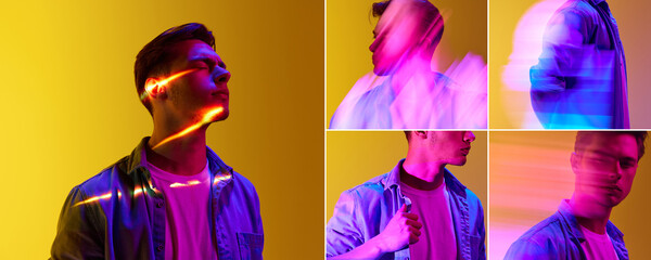 Collage. Handsome young guy in casual clothes with digital lights reflection on face standing over...