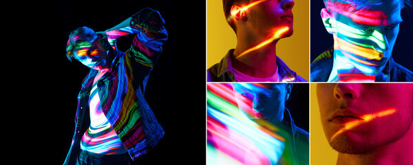 Collage. Handsome young male model posing with digital neon filter with multicolored lights...