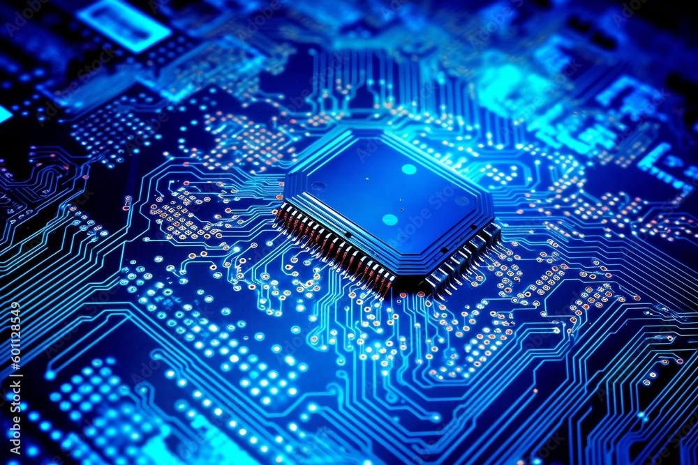 Poster technology chip circuit board background, futuristic generative ai illustration of microchip process