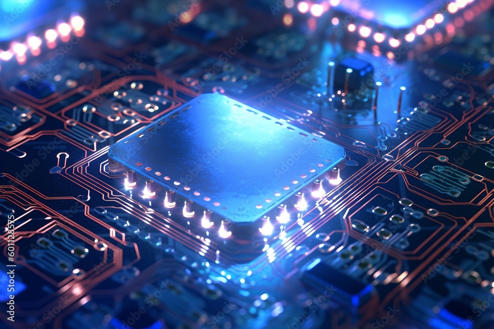 Poster technology chip circuit board background, futuristic generative ai illustration of microchip process