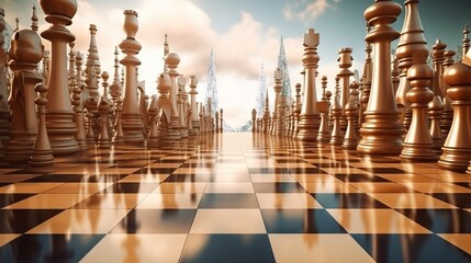 World with chess pieces on a chessboard. Made with Generative AI.
