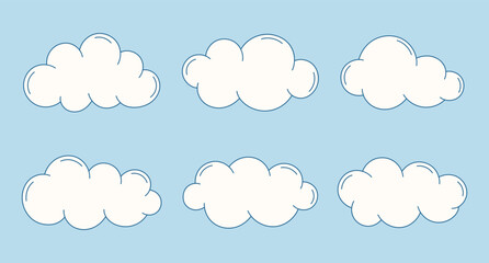 Set of simple cartoon clouds. Abstract white cloud symbols in flat style. Vector illustration