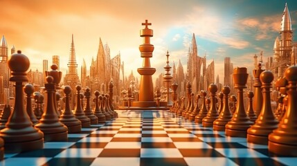 World with chess pieces on a chessboard. Made with Generative AI.