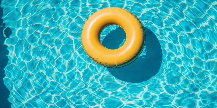 Yellow inflatable ring in blue water pool, summer background, travel, vacation, generative ai illustration