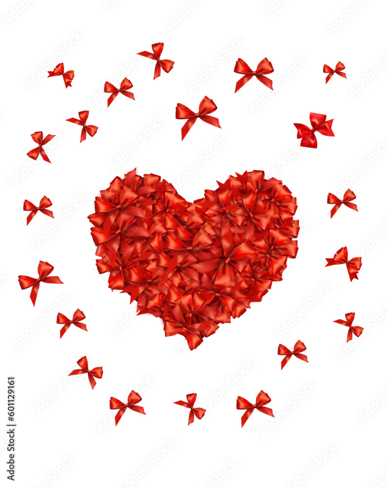 Aufkleber festive card with beautiful red bows folded in the shape of a heart. red bows collected in the shape